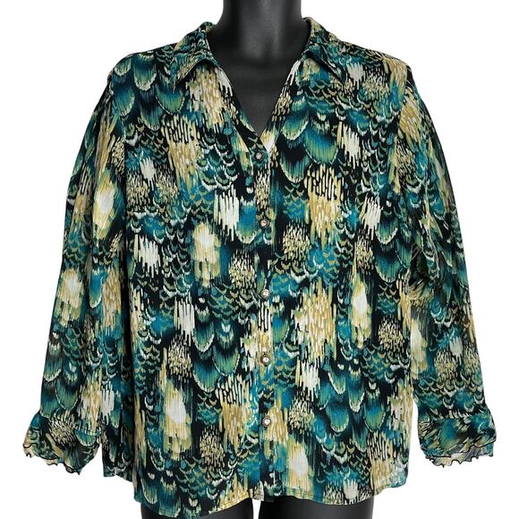 JM Collection Top 14 Green Peacock All Over Print Long Sleeve Fairy Whimsical - Picture 1 of 6